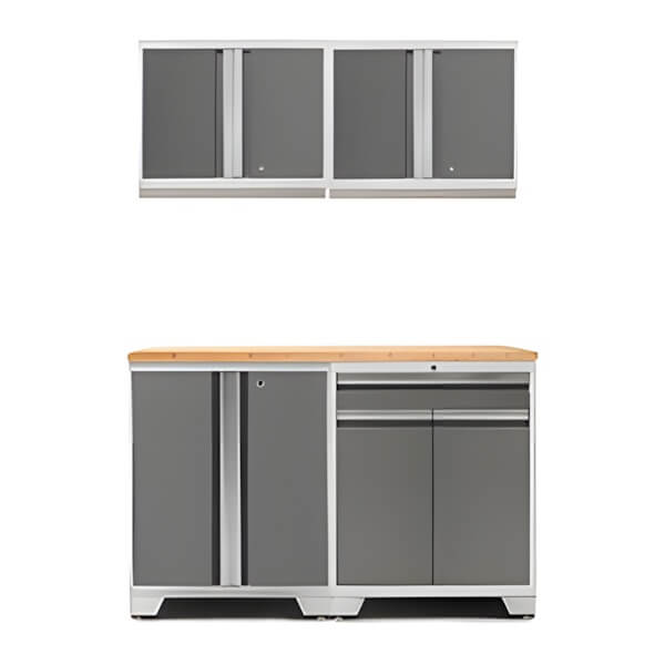 NewAge Garage Cabinets PRO Platinum 5-Piece Workbench Setup with Bamboo Top-52402 + 52400 + 52403 + 32257-Garage Giant