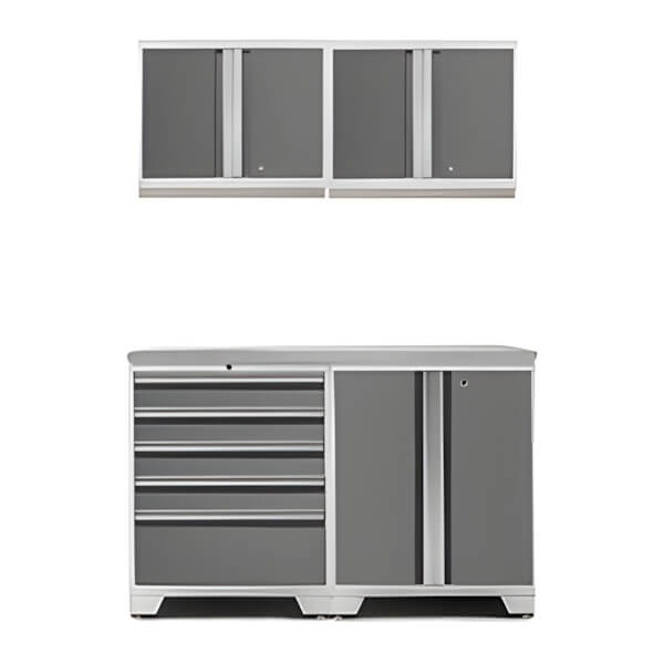NewAge Garage Cabinets PRO Platinum 5-Piece Workbench System with Stainless Steel Top-52402 + 52404 + 52400 + 36756-Garage Giant