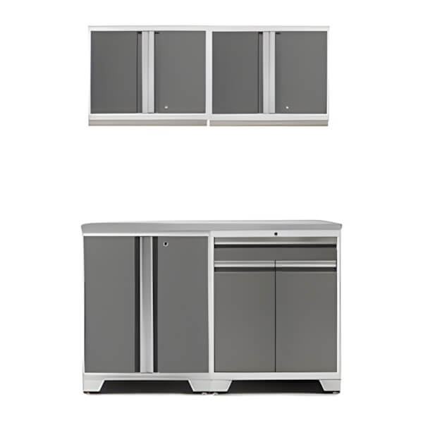 NewAge Garage Cabinets PRO Platinum 5-Piece Workbench Setup with Stainless Steel Top-52402 + 52403 + 52400 + 36756-Garage Giant