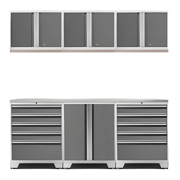NewAge Garage Cabinets PRO Platinum 7-Piece Workbench System with Stainless Steel Top-52402 + 52404 + 52400 + 36784-Garage Giant