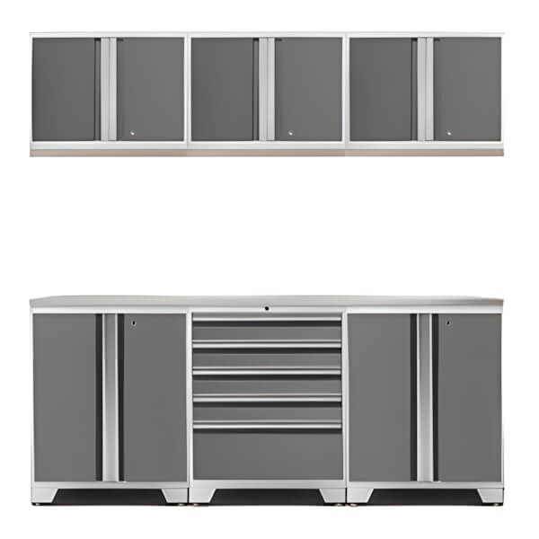 NewAge Garage Cabinets PRO Platinum 7-Piece Work Station with Stainless Steel Top-52404 + 52402 + 52400 + 36784-Garage Giant