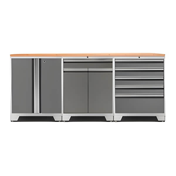 NewAge Garage Cabinets PRO Platinum 4-Piece Workbench Set with Bamboo Top-52402 + 52404 + 52403 + 32284-Garage Giant