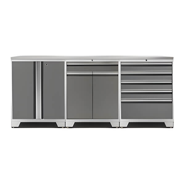 NewAge Garage Cabinets PRO Platinum 4-Piece Workbench Set with Stainless Steel Top-52402 + 52404 + 52403 + 36784-Garage Giant