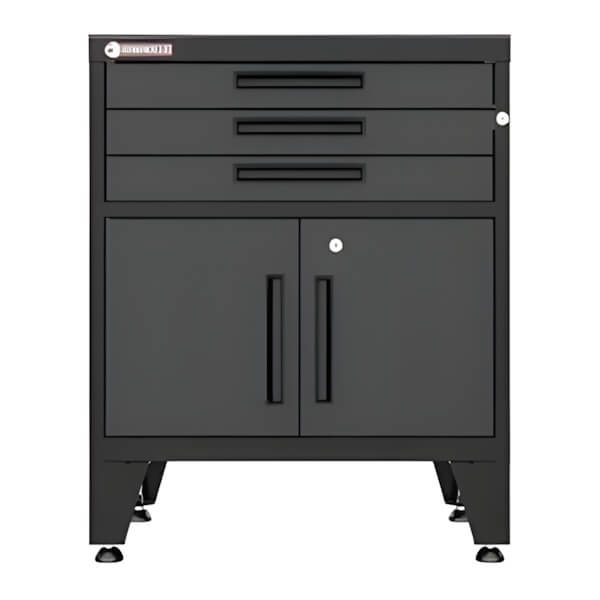 Armadillo Tough Black 3-Drawer 2-Door Cabinet Base Cabinet with Rubber Work Mat-AR3DR28BB-Garage Giant