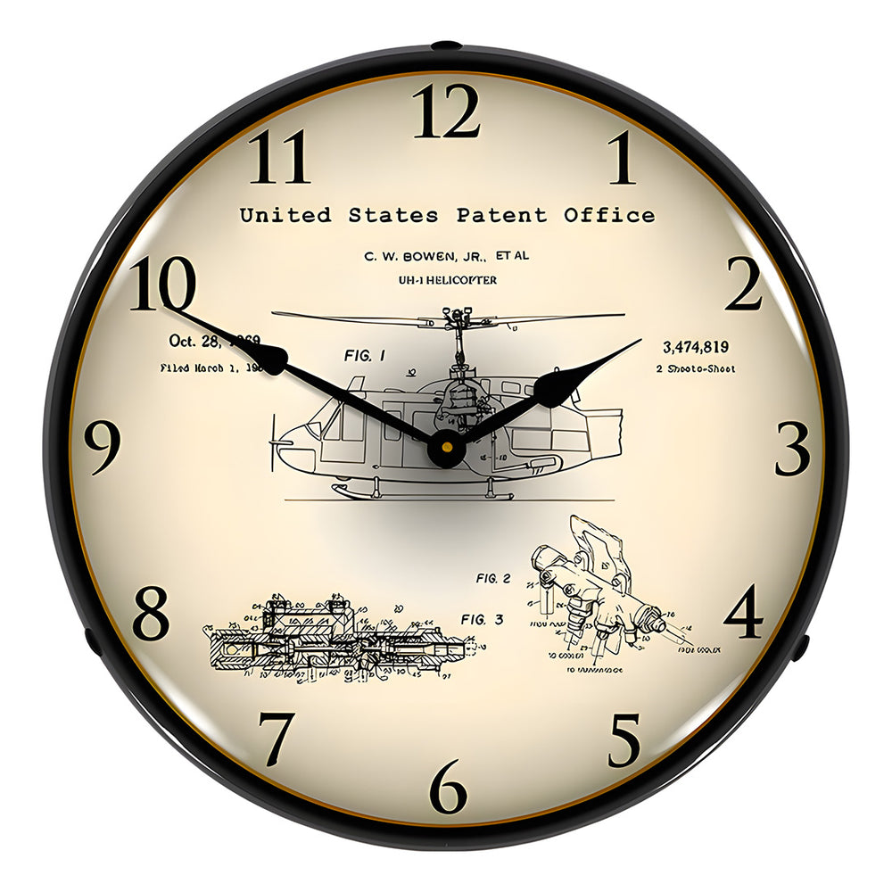 1969 UH-1 Huey Helicopter Patent Blueprint Backlit Wall Clock