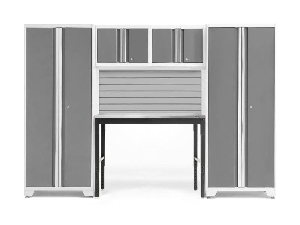NewAge Garage Cabinets Bold Series 5-Piece Cabinet Set with Locker, RTA Locker, Tool, Wall Cabinets, Slatwall Backsplash, Workbench and Worktop-63037-Garage Giant