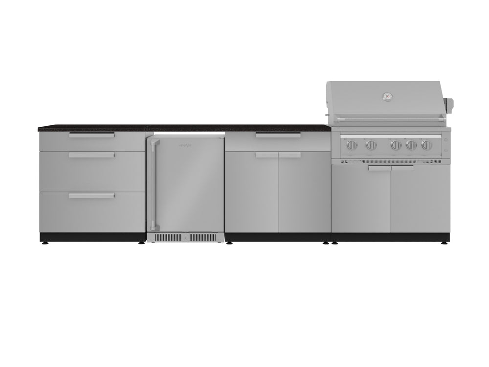 NewAge Outdoor Kitchens Stainless Steel 7-Piece Cabinet Set with 3-Drawer, Bar, Grill Cabinet, Platinum Grill, Countertop, and Fridge-71857-Garage Giant
