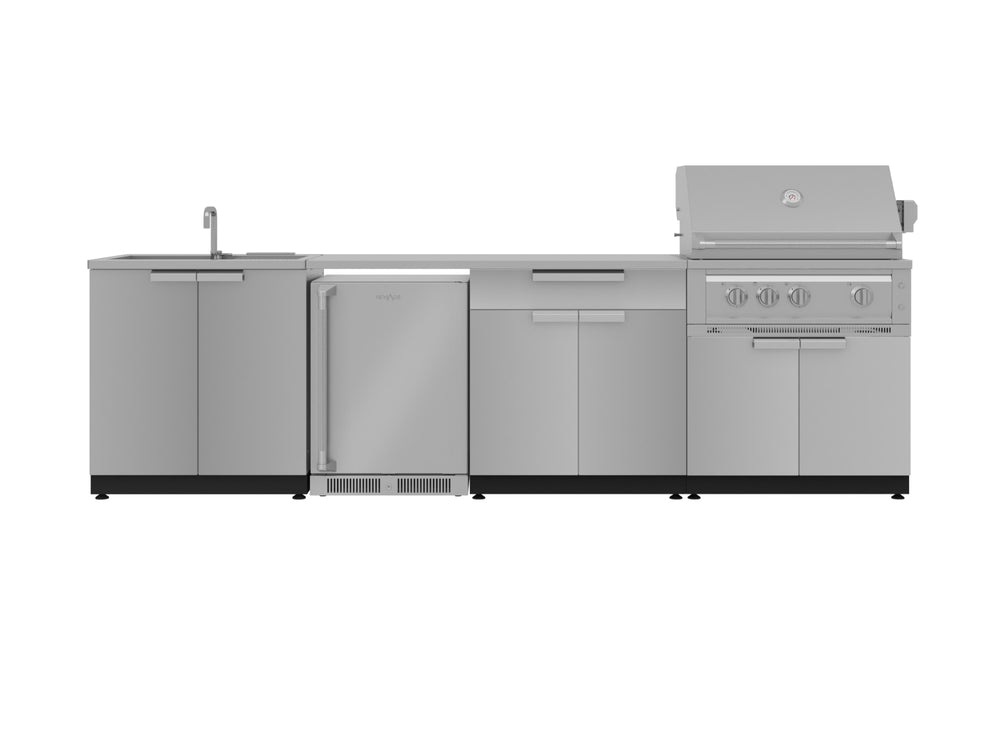 NewAge Outdoor Kitchens Stainless Steel 6-Piece Cabinet Set with Sink, Bar, Grill Cabinet, Platinum Grill, Countertop and Fridge-66349-Garage Giant