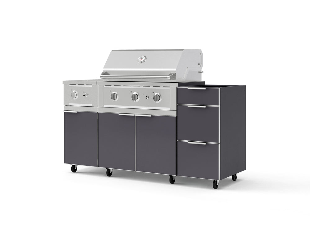 NewAge Outdoor Kitchens Outdoor Grill Island Aluminum 5-Piece Cabinet Set with Casters and 3-Drawer, Grill Cabinet, Side Burner and Performance Grill - (Liquid Propane) | Garage Giant
