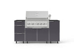 NewAge Outdoor Kitchens Outdoor Grill Island Aluminum 6-Piece Cabinet Set with Casters 1 Door, 3 Drawer, Grill Cabinet, Platinum Grill and Dekton in Sirius Countertops - (Liquid Propane) 