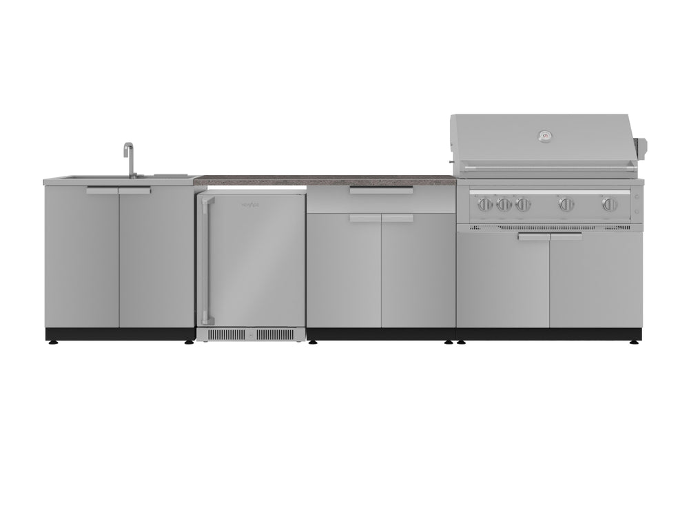 NewAge Outdoor Kitchens Stainless Steel 6-Piece Cabinet Set with Sink, Bar, Grill Cabinet, Platinum Grill, Countertop and Fridge-72077-Garage Giant