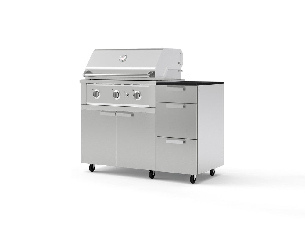NewAge Outdoor Kitchens Outdoor Grill Island Stainless-Steel 4-Piece Cabinet Set with Casters and 3-Drawer, Grill Cabinet, Performance Grill and Dekton in Sirius Countertop - (Liquid Propane) | Garage Giant