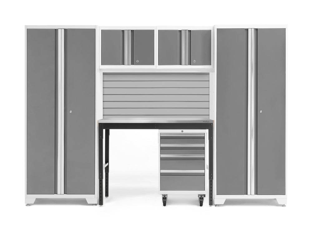 NewAge Garage Cabinets Bold Series 6-Piece Cabinet Set with Locker, RTA Locker, Tool, Wall Cabinets, Slatwall Backsplash, Workbench and Worktop-63029-Garage Giant