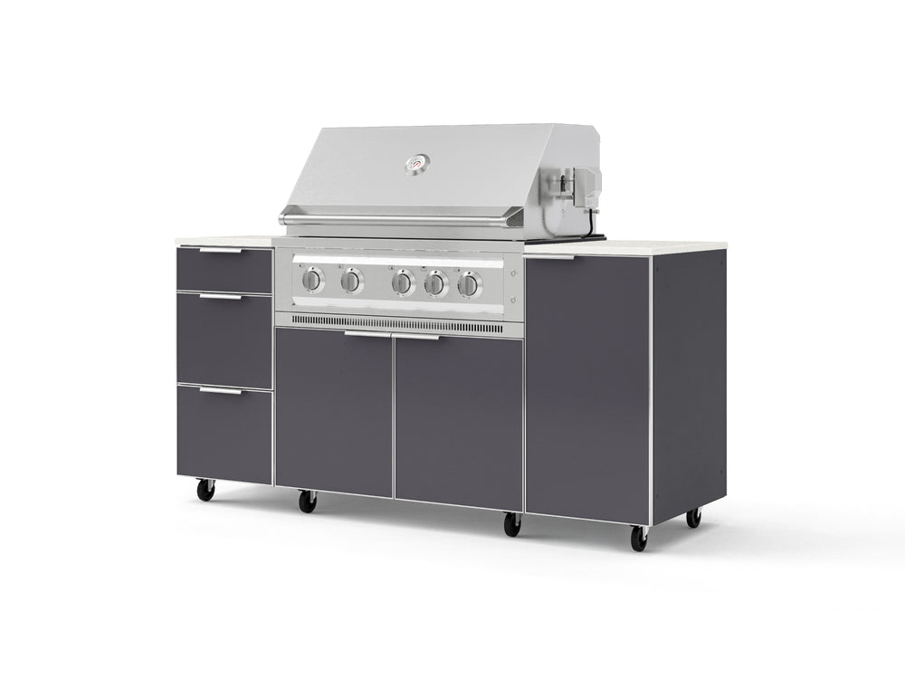 NewAge Outdoor Kitchens Outdoor Grill Island Aluminum 6-Piece Cabinet Set with Casters 1 Door, 3 Drawer, Grill Cabinet, Platinum Grill and Dekton in Aeris Countertops - (Liquid Propane) | Garage Giant
