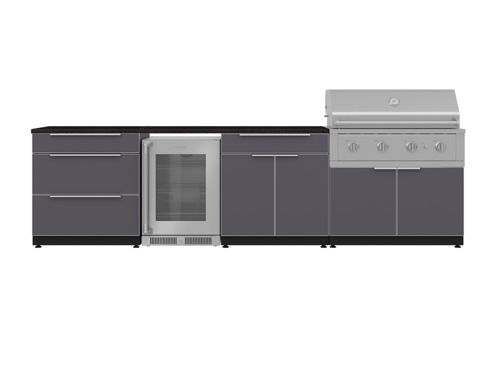 NewAge Outdoor Kitchens Aluminum 7-Piece Cabinet Set with 3-Drawer, Bar, Grill Cabinet, Performance Grill, Countertops and Fridge-71843-Garage Giant