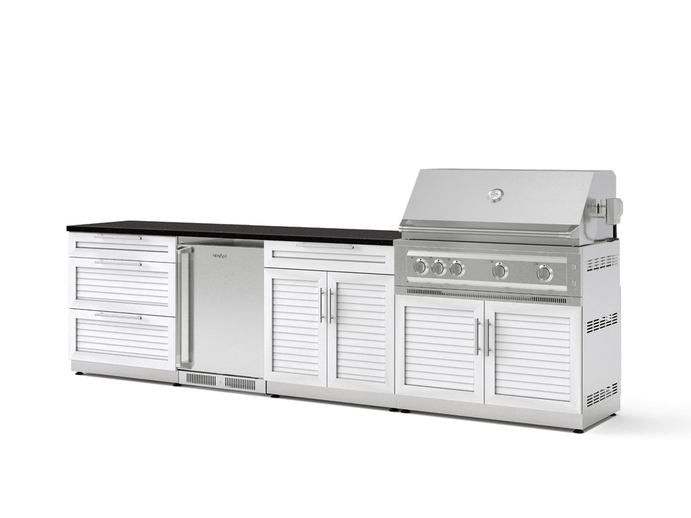 NewAge Outdoor Kitchens Stainless Steel 7-Piece Cabinet Set with 3-Drawer, Bar, Grill Cabinet, Platinum Grill, Countertop, and Stainless Steel Door Fridge-73622-Garage Giant