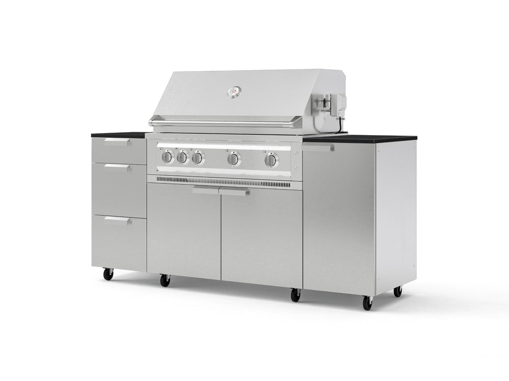 NewAge Outdoor Kitchens Outdoor Grill Island Stainless-Steel 6-Piece Cabinet Set with Casters 1 Door, 3 Drawer, Grill Cabinet, Platinum Grill and Dekton in Sirius Countertops - (Liquid Propane) | Garage Giant