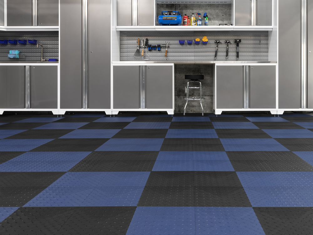 NewAge Garage Flooring Diamond Pattern Polypropylene Garage Flooring Tiles 400 sq. ft. Flooring Bundle - Black and NewAge Blue Checkered Pattern | 12573