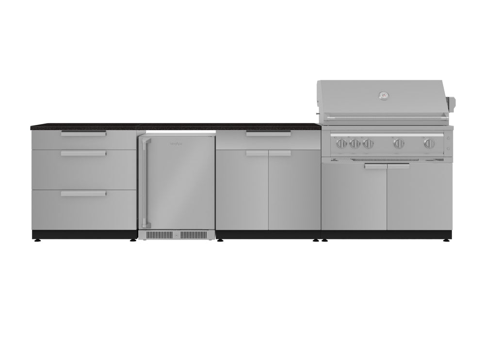 NewAge Outdoor Kitchens Stainless Steel 7-Piece Cabinet Set with 3-Drawer, Bar, Grill Cabinet, Platinum Grill, Countertop, and Fridge-71858-Garage Giant