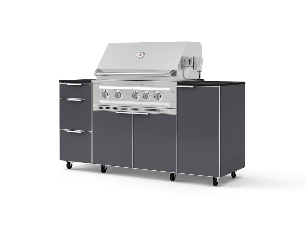 NewAge Outdoor Kitchens Outdoor Grill Island Aluminum 6-Piece Cabinet Set with Casters 1 Door, 3 Drawer, Grill Cabinet, Platinum Grill and Dekton in Sirius Countertops - (Liquid Propane) | Garage Giant