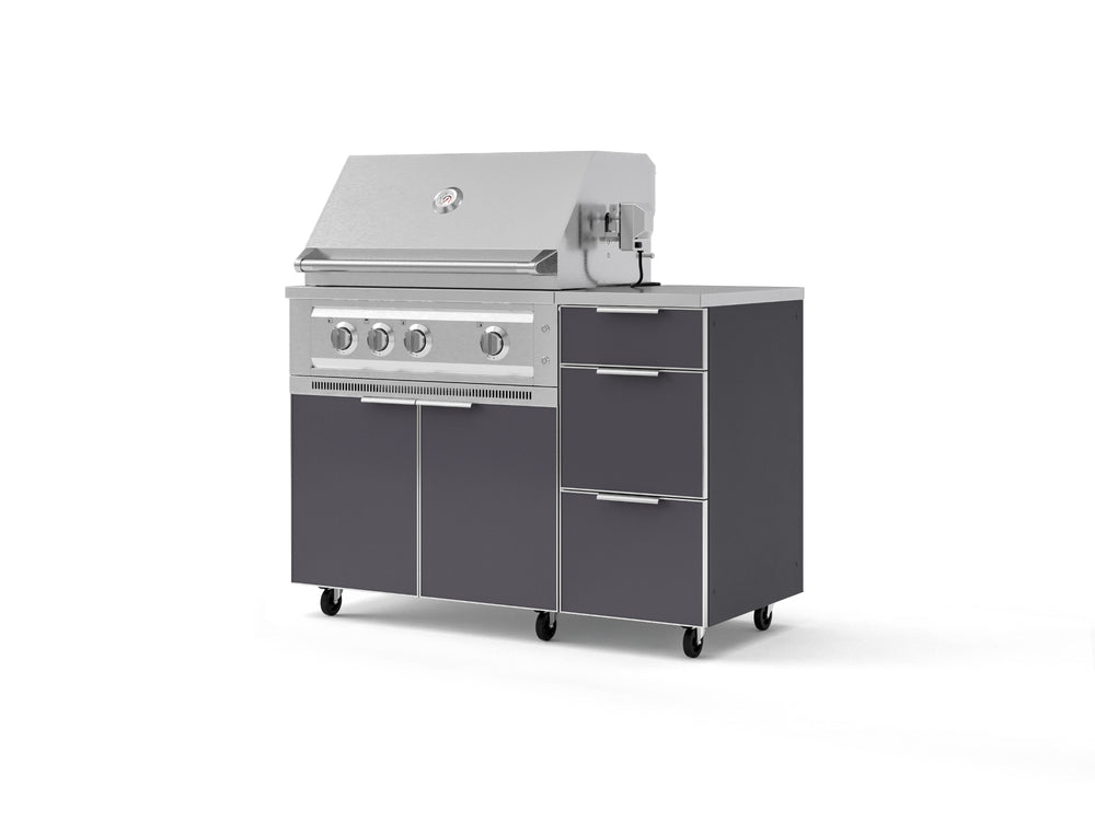 NewAge Outdoor Kitchens Outdoor Grill Island Aluminum 4-Piece Cabinet Set with Casters and 3-Drawer, Grill Cabinet, Platinum Grill, Countertop | 74839