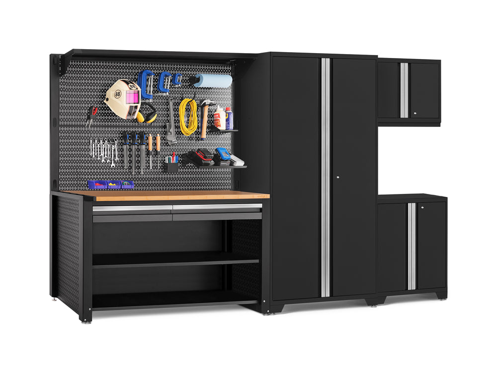 NewAge Garage Cabinets Pro Series 5-Piece Cabinet Set with Base, Wall Cabinet, Locker, 62 in. Workstation, and Pegboard Accessories Kit-32636-Garage Giant