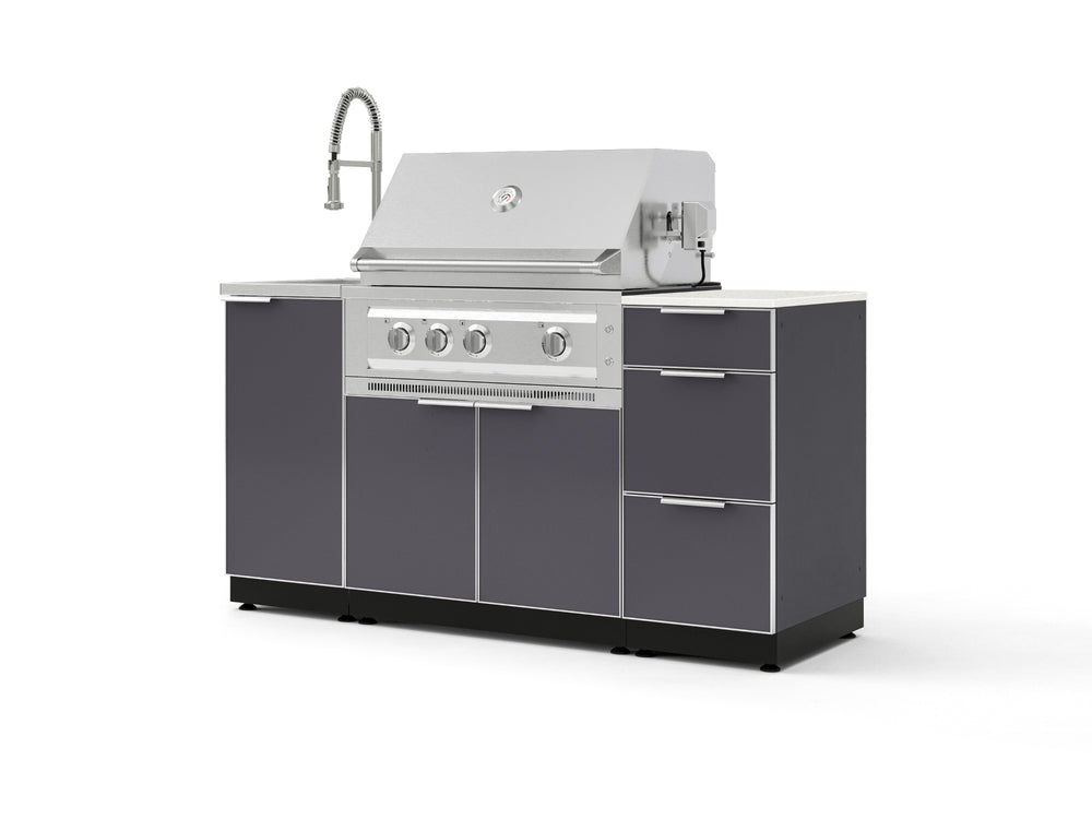 NewAge Outdoor Kitchens Outdoor Grill Island Aluminum 5-Piece Cabinet Set with Sink, 3 Drawer, Grill Cabinet, Platinum Grill and Stainless Steel Countertop - (Liquid Propane) | Garage Giant