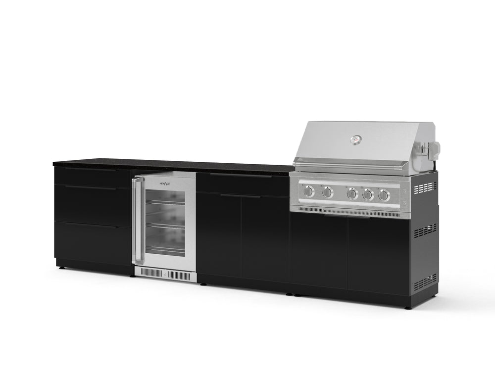 NewAge Outdoor Kitchens Aluminum 7-Piece Cabinet Set with 3-Drawer, Bar, Grill Cabinet, Platinum Grill, Countertops and Glass Door Fridge-73588-Garage Giant