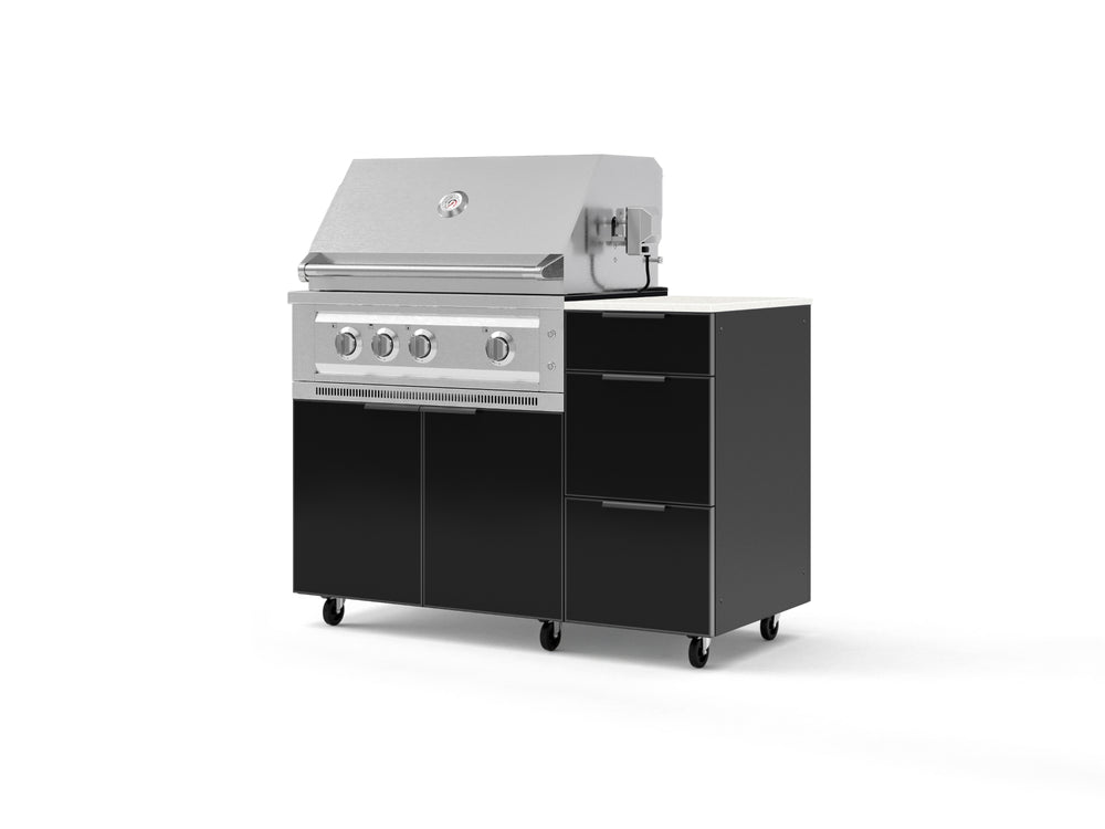 NewAge Outdoor Kitchens Outdoor Grill Island Aluminum 4-Piece Cabinet Set with Casters and 3-Drawer, Grill Cabinet, Platinum Grill and Dekton in Aeris Countertop - (Liquid Propane) | Garage Giant