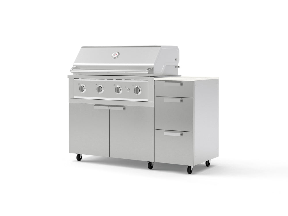NewAge Outdoor Kitchens Outdoor Grill Island Stainless-Steel 4-Piece Cabinet Set with Casters and 3-Drawer, Grill Cabinet, Performance Grill and Dekton in Aeris Countertop - (Liquid Propane) | Garage Giant