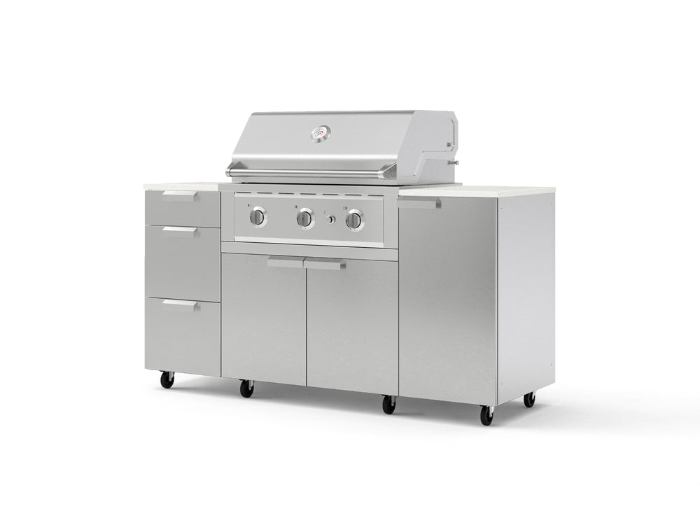 NewAge Outdoor Kitchens Outdoor Grill Island Stainless-Steel 6-Piece Cabinet Set with Casters 1 Door, 3 Drawer, Grill Cabinet, Performance Grill and Dekton in Aeris Countertops - (Liquid Propane) | Garage Giant