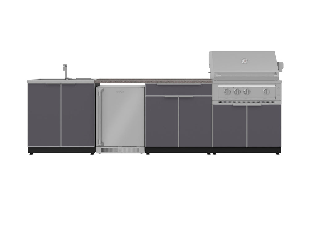 NewAge Outdoor Kitchens Aluminum 6-Piece Cabinet Set with Sink, Bar, Grill Cabinet, Platinum Grill, Countertop and Fridge-72048-Garage Giant