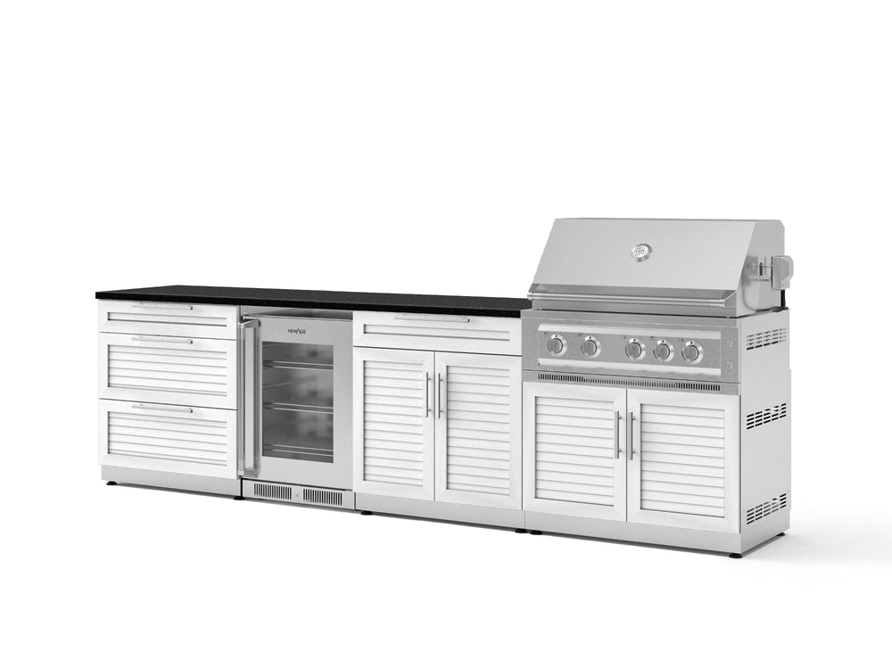 NewAge Outdoor Kitchens Stainless Steel 7-Piece Cabinet Set with 3-Drawer, Bar, Grill Cabinet, Platinum Grill, Countertop, and Glass Door Fridge-73636-Garage Giant
