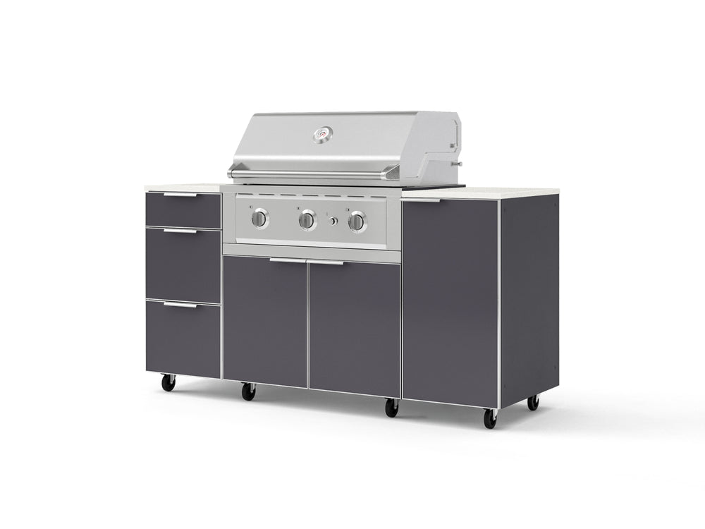 NewAge Outdoor Kitchens Outdoor Grill Island Aluminum 6-Piece Cabinet Set with Casters 1 Door, 3 Drawer, Grill Cabinet, Performance Grill and Dekton in Aeris Countertops - (Liquid Propane) | Garage Giant