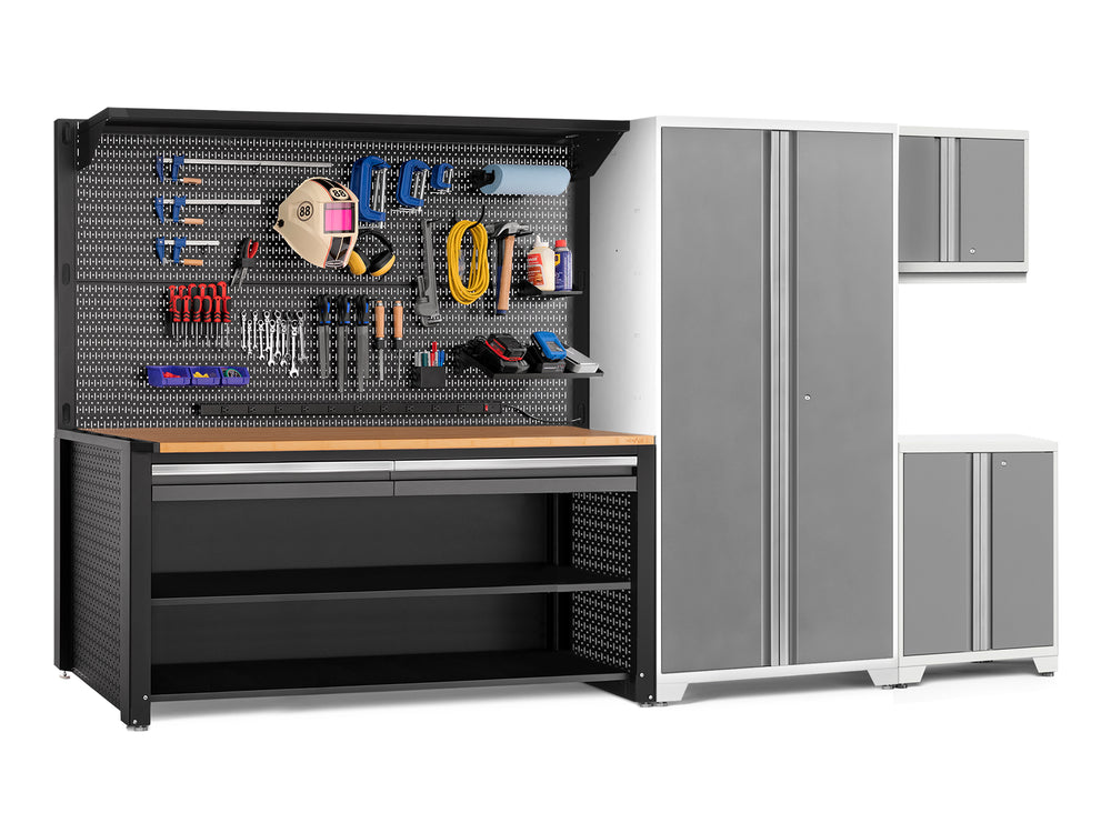 NewAge Garage Cabinets Pro Series 5-Piece Cabinet Set with Base, Wall Cabinet, Locker, 78 in. Workstation, and Pegboard Accessories Kit-32640-Garage Giant