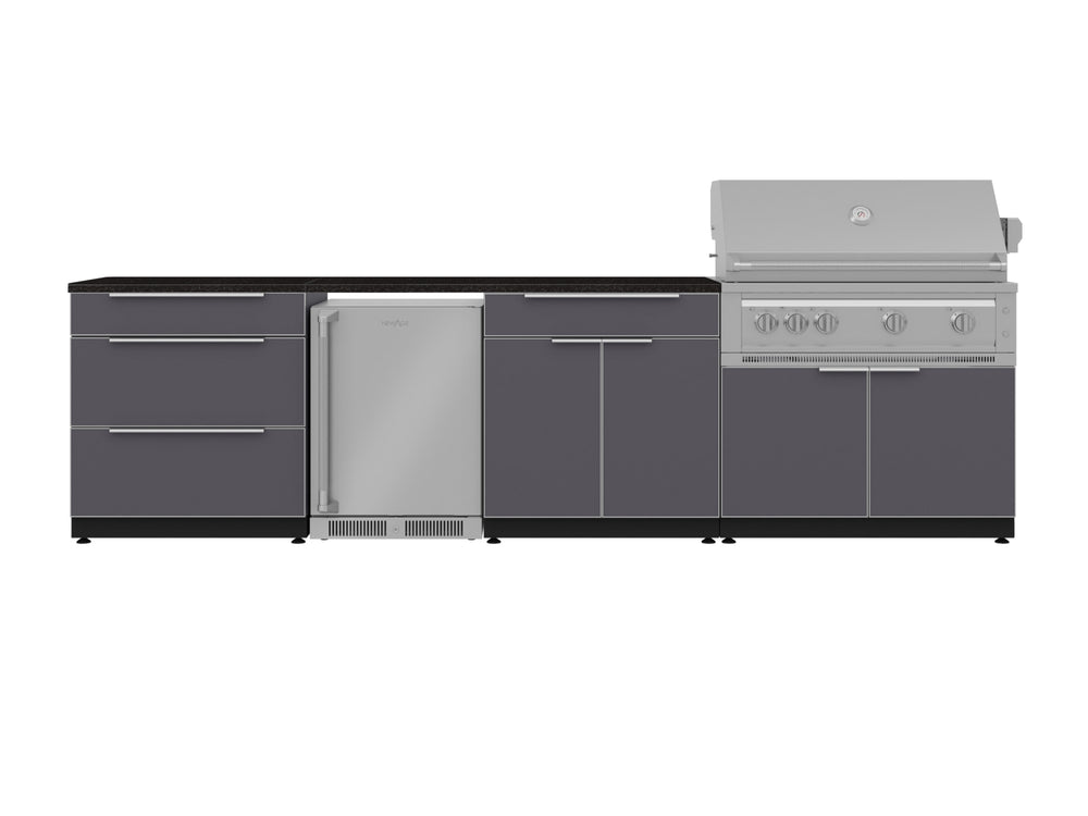 NewAge Outdoor Kitchens Aluminum 7-Piece Cabinet Set with 3-Drawer, Bar, Grill Cabinet, Platinum Grill, Countertops and Fridge-71837-Garage Giant
