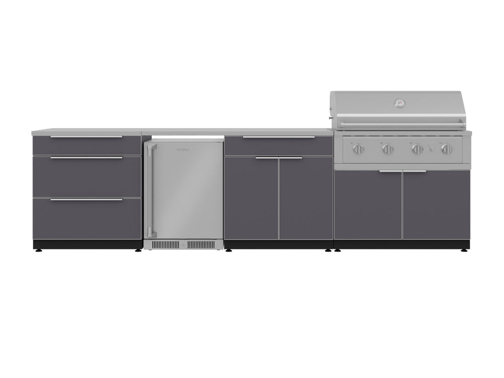 NewAge Outdoor Kitchens Aluminum 7-Piece Cabinet Set with 3-Drawer, Bar, Grill Cabinet, Performance Grill, Countertops and Fridge-66539-Garage Giant