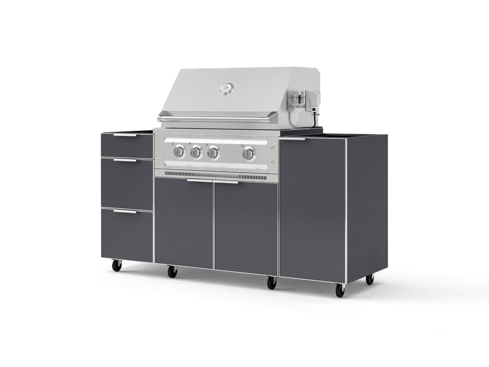 NewAge Outdoor Kitchens Outdoor Grill Island Aluminum 5-Piece Cabinet Set with Casters 1 Door, 3 Drawer, Grill Cabinet and Platinum Grill - (Liquid Propane) | Garage Giant