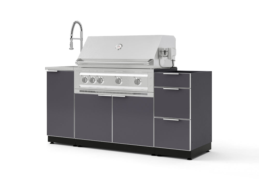 NewAge Outdoor Kitchens Outdoor Grill Island Aluminum 5-Piece Cabinet Set with Sink, 3 Drawer, Grill Cabinet, Platinum Grill and Stainless Steel Countertop - (Natural Gas) | Garage Giant