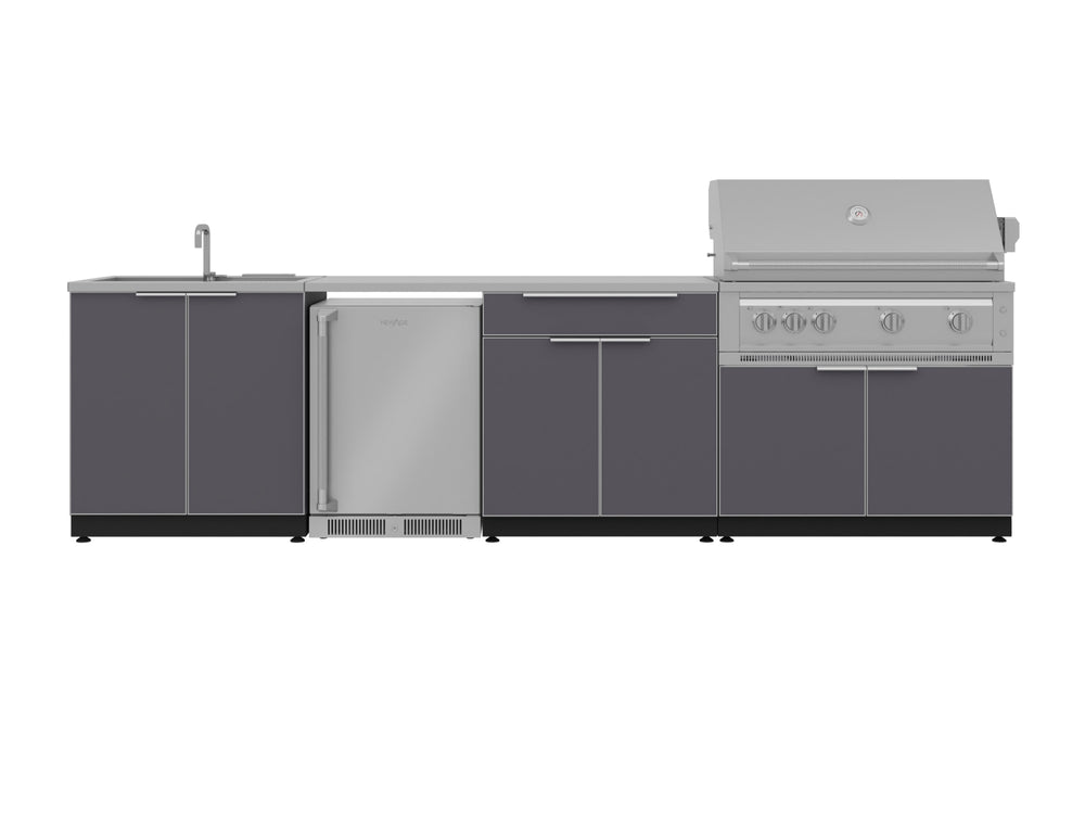 NewAge Outdoor Kitchens Aluminum 6-Piece Cabinet Set with Sink, Bar, Grill Cabinet, Platinum Grill, Countertop and Fridge-66321-Garage Giant