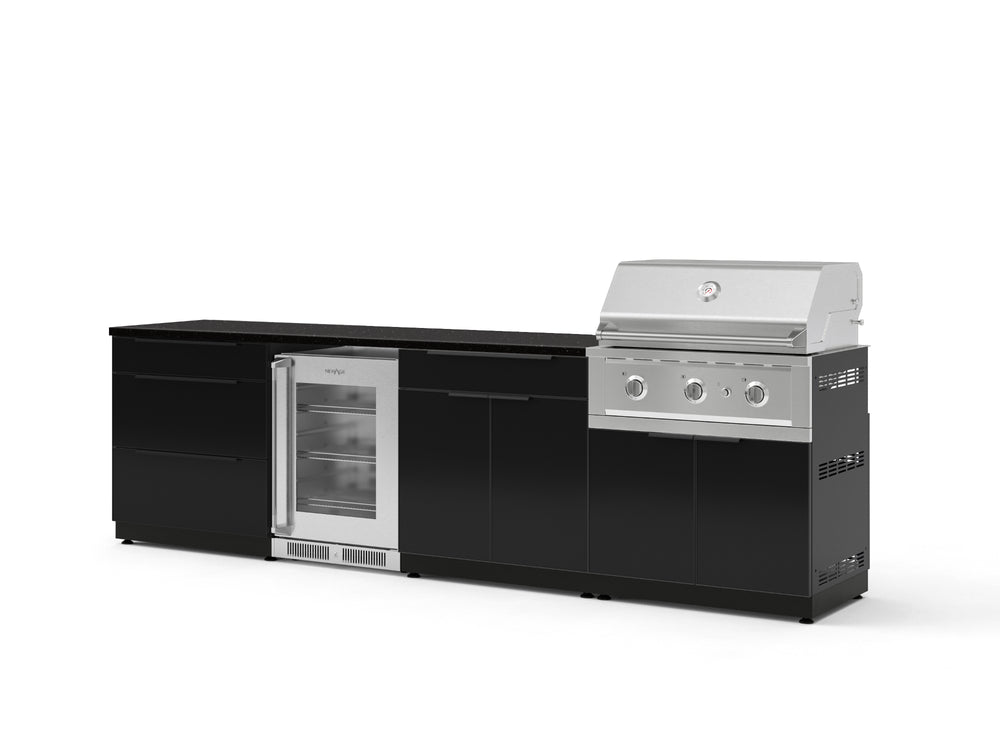 NewAge Outdoor Kitchens Aluminum 7-Piece Cabinet Set with 3-Drawer, Bar, Grill Cabinet, Performance Grill, Countertops and Glass Door Fridge-73578-Garage Giant