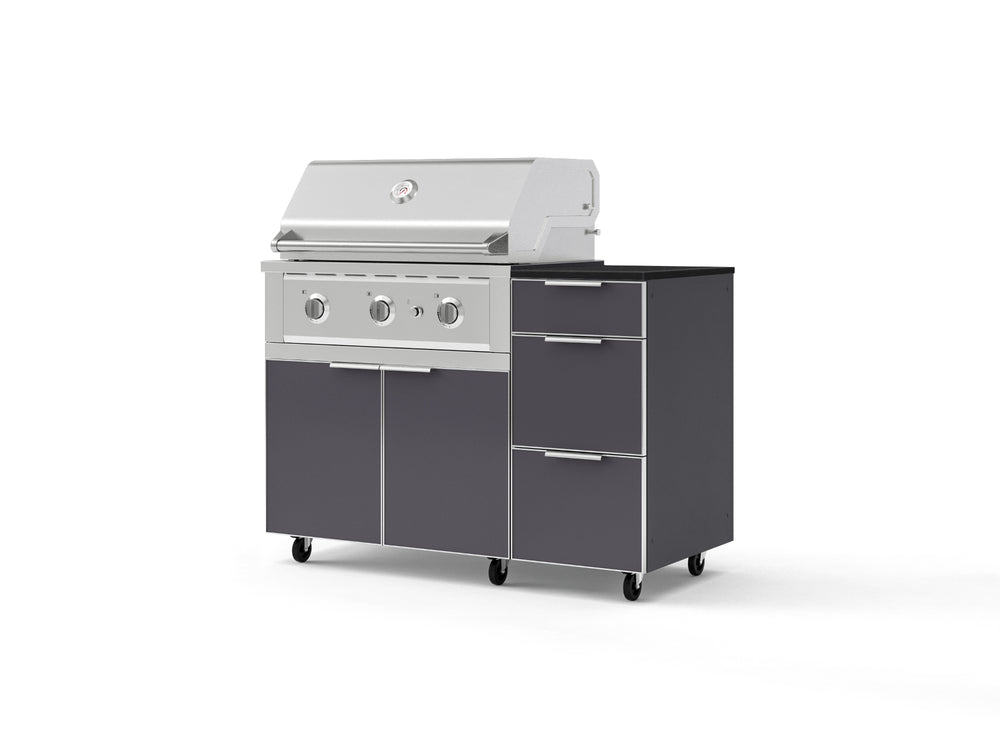 NewAge Outdoor Kitchens Outdoor Grill Island Aluminum 4-Piece Cabinet Set with Casters and 3-Drawer, Grill Cabinet, Performance Grill and Dekton in Sirius Countertop - (Liquid Propane) | Garage Giant