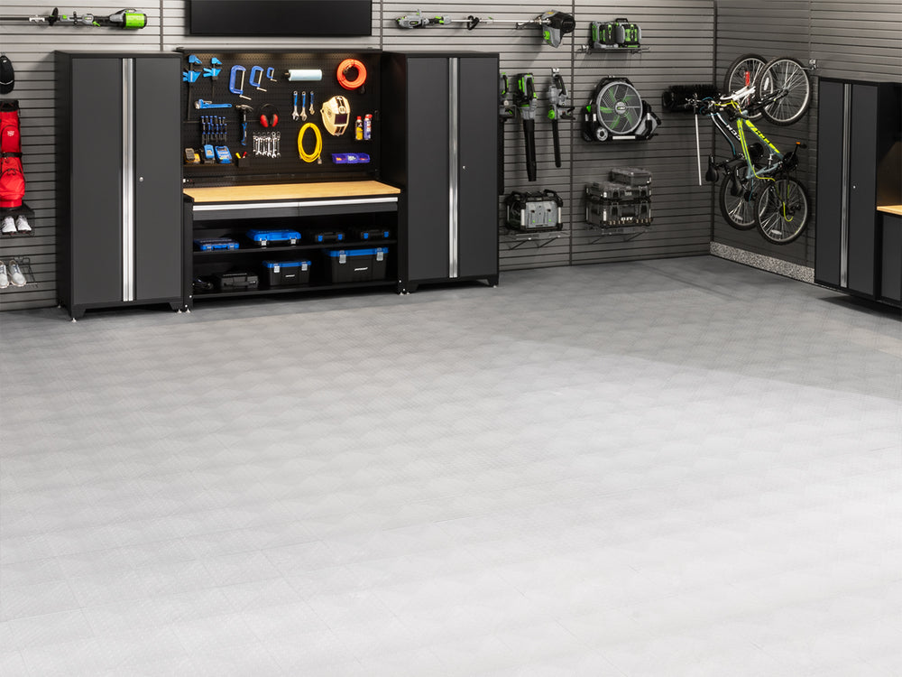 NewAge Garage Flooring Diamond Pattern Polypropylene Garage Flooring Tiles 600 sq. ft. Flooring Bundle - Platinum | 12568