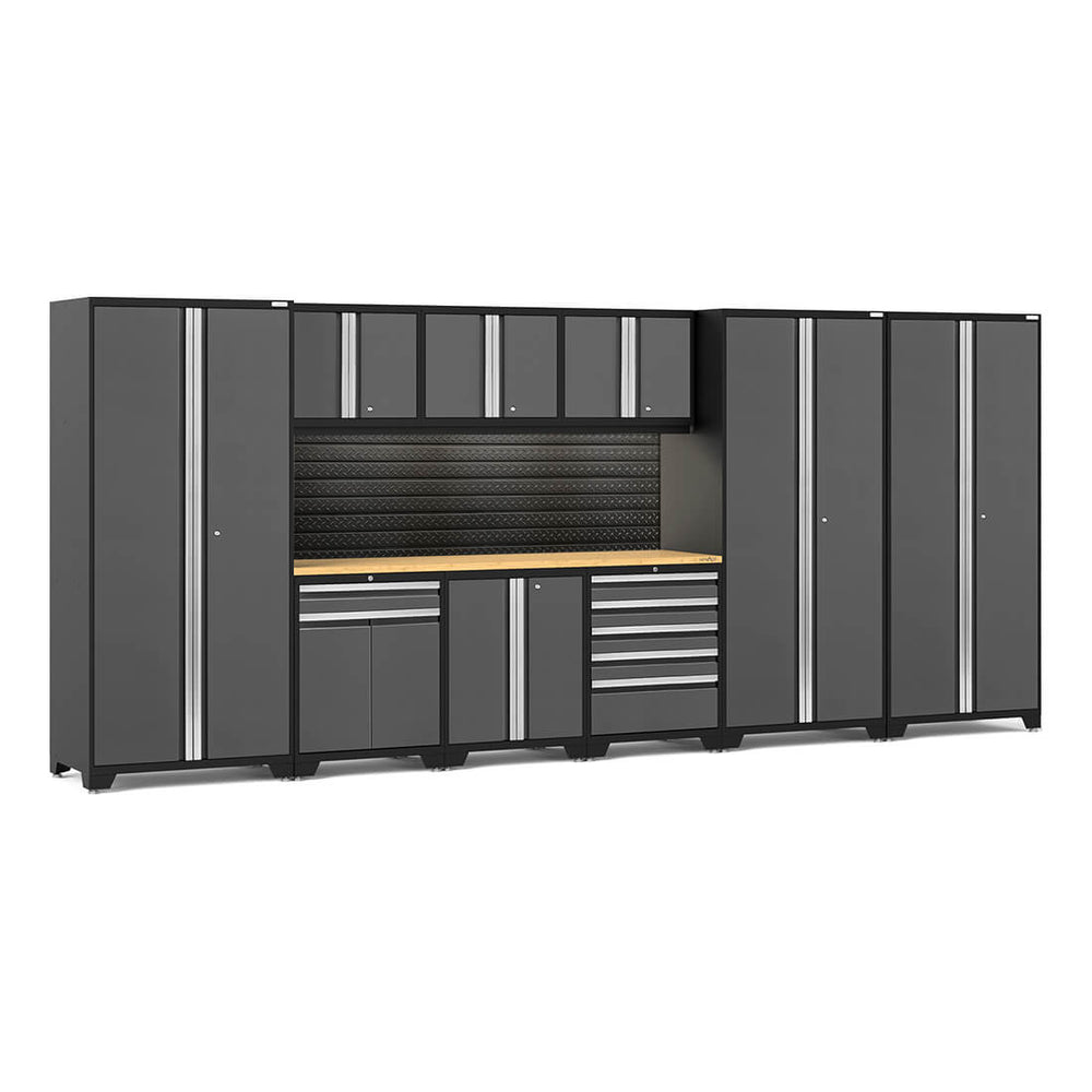 NewAge Garage Cabinets PRO Series Grey 10-Piece Set with Bamboo Top, Slatwall and LED Lights-40446-Garage Giant