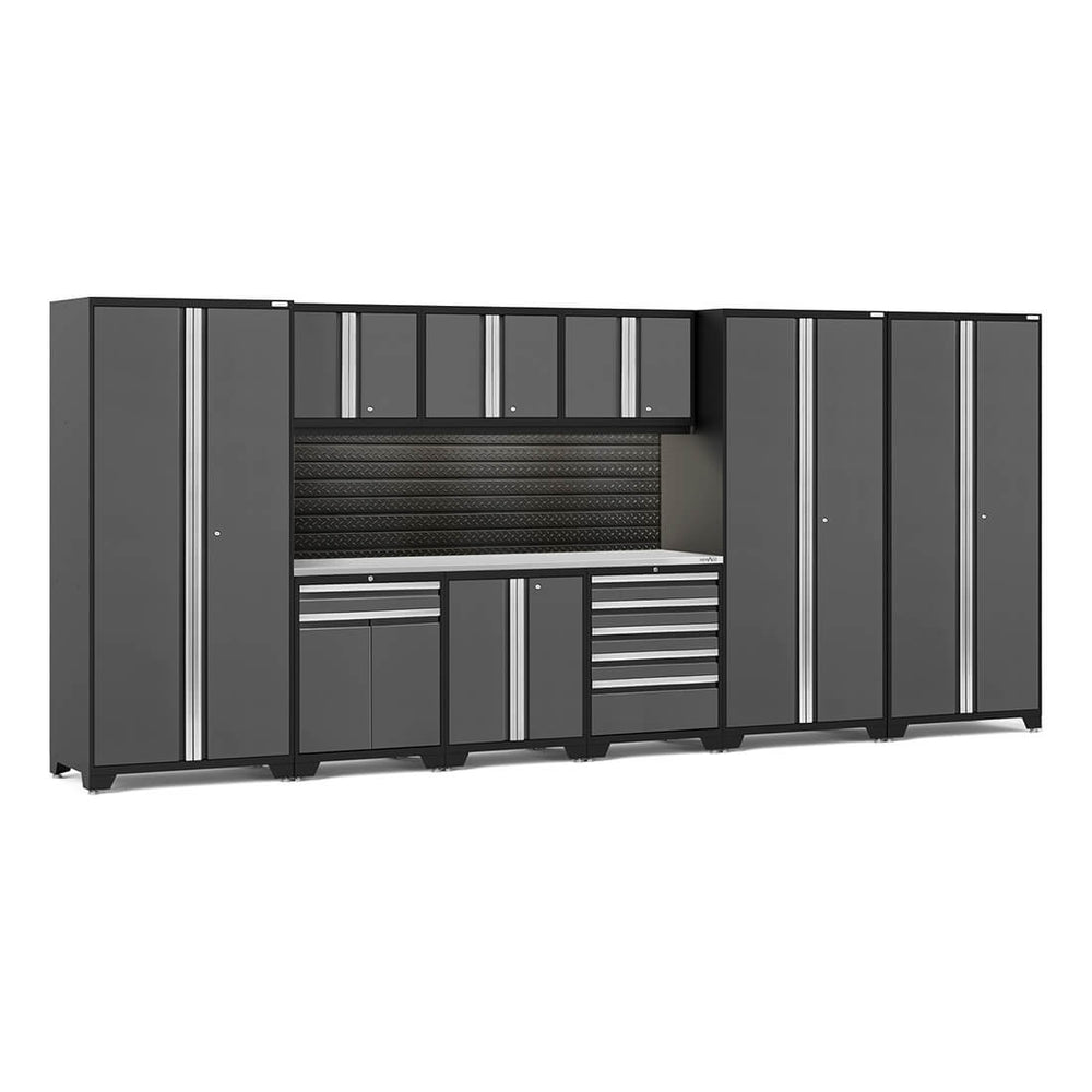 NewAge Garage Cabinets PRO Series Grey 10-Piece Set with Stainless Top, Slatwall and LED Lights-40447-Garage Giant