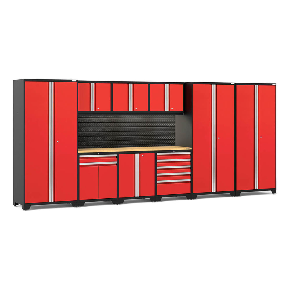 NewAge Garage Cabinets PRO Series Red 10-Piece Set with Bamboo Top, Slatwall and LED Lights-40453-Garage Giant