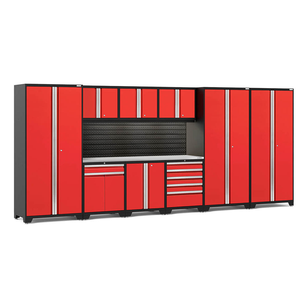 NewAge Garage Cabinets PRO Series Red 10-Piece Set with Stainless Steel Top, Slatwall and LED Lights-40454-Garage Giant