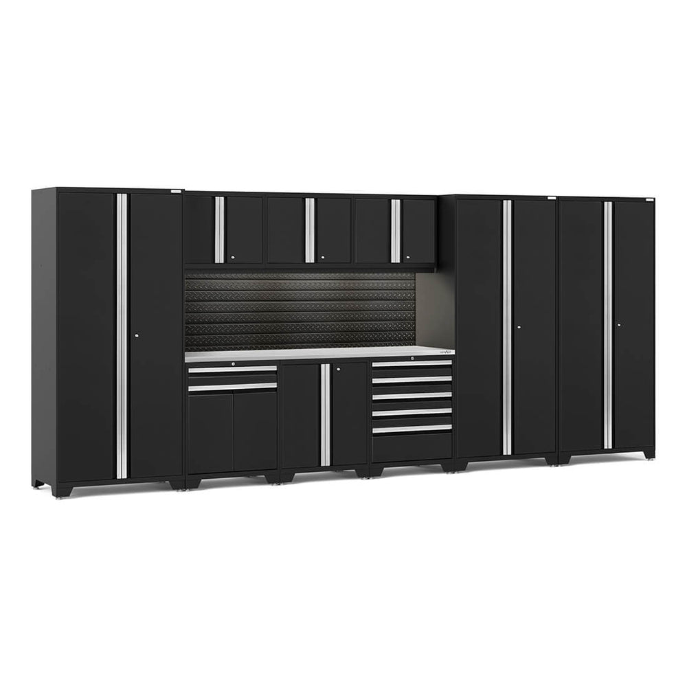 NewAge Garage Cabinets PRO Series Black 10-Piece Set with Stainless Top, Slatwall and LED Lights-40469-Garage Giant