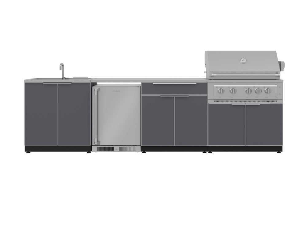 NewAge Outdoor Kitchens Aluminum 6-Piece Cabinet Set with Sink, Bar, Grill Cabinet, Platinum Grill, Countertop and Fridge-66320-Garage Giant