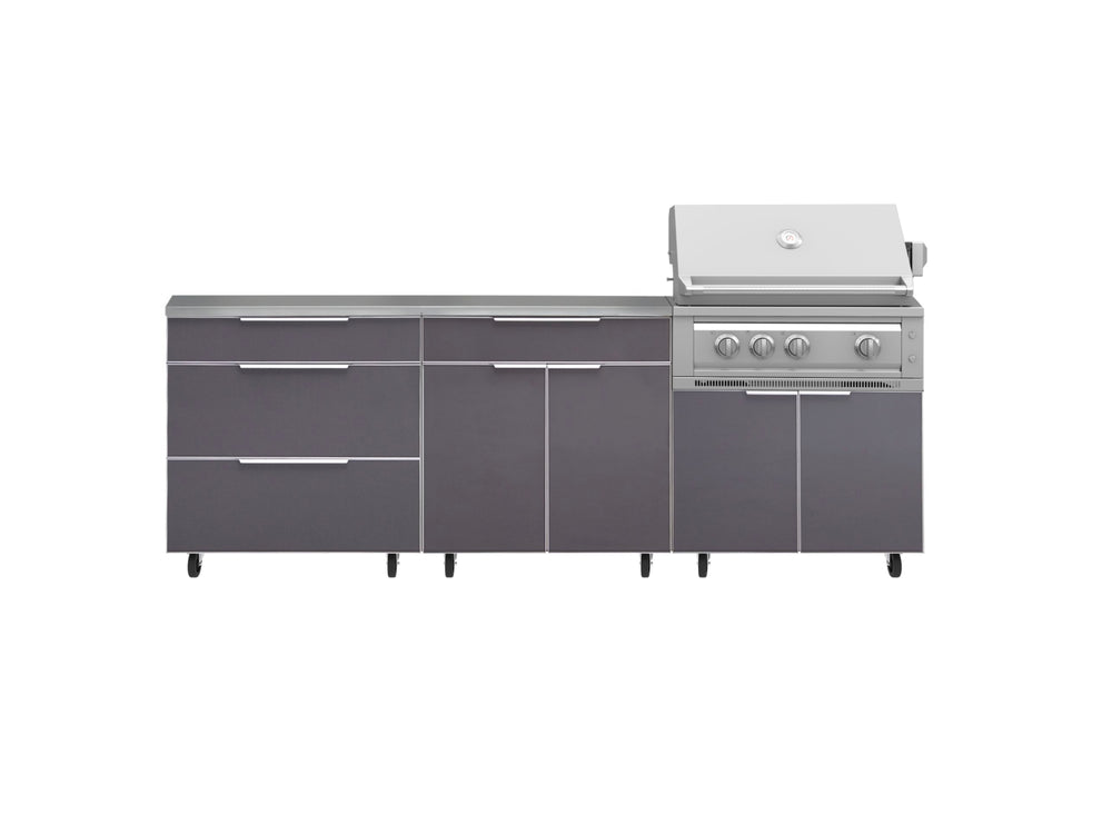 NewAge Outdoor Kitchens Aluminum 5-Piece Cabinet Set With Casters and 3 Drawer, Bar, Grill Cabinet, Platinum Grill, Countertop-72645-Garage Giant